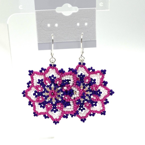 HAND CRAFTED Purple Beaded Flower Chunky Earrings - Picture 8 of 8